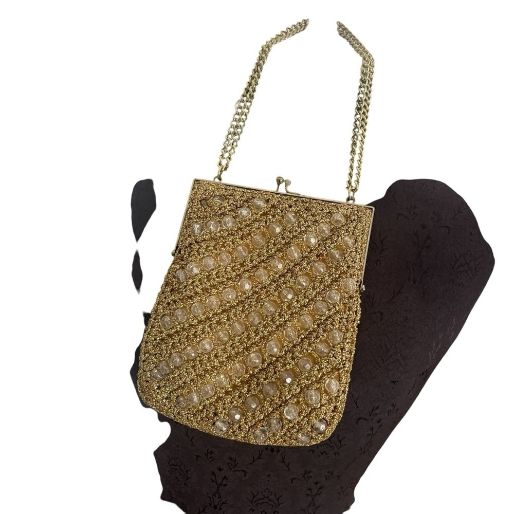 Vintage Magid Japan Gold Crocheted Beaded Kiss Close  Purse Gold Tone Chain